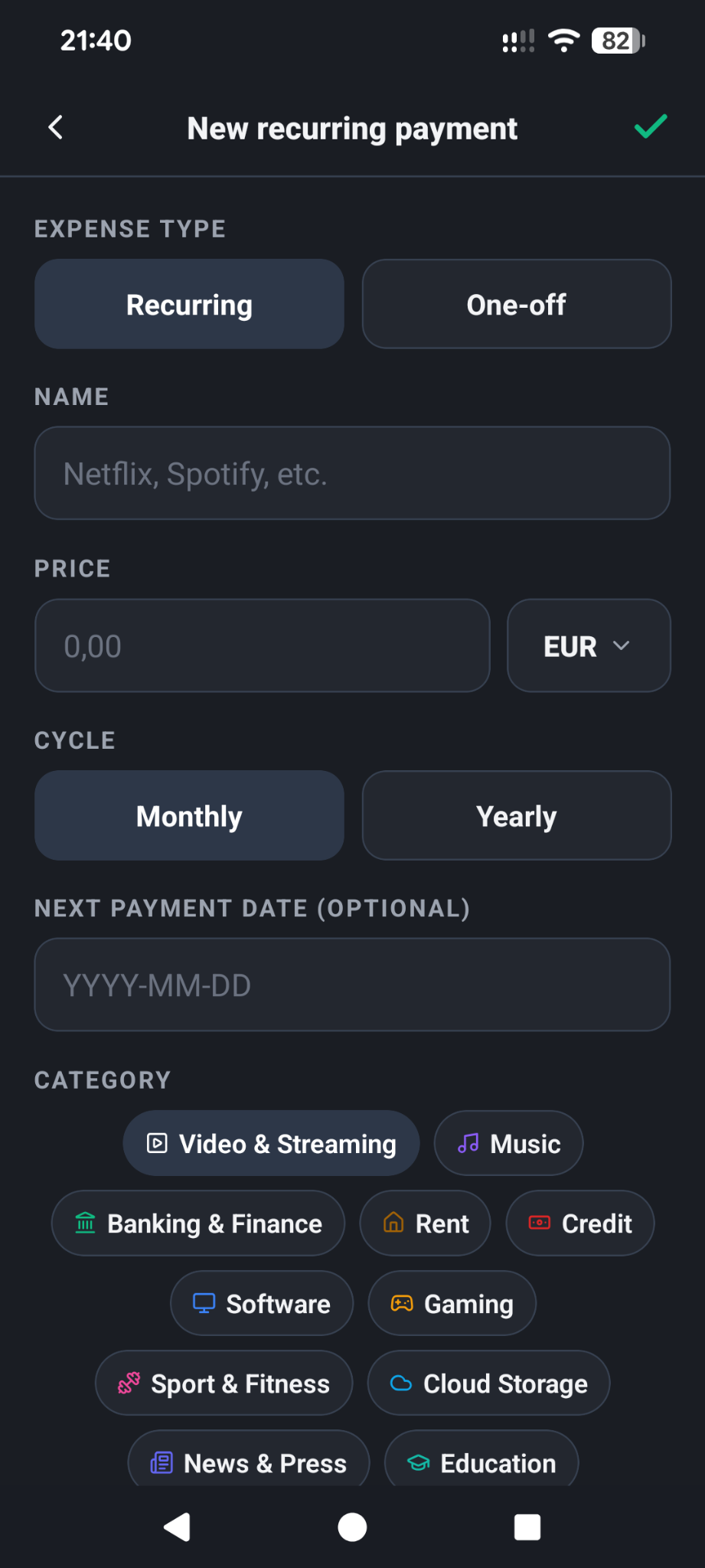 Ajout d’un paiement récurrent dans All My Costs